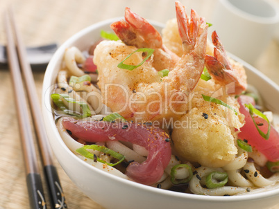 Bowl of Tempura Tiger Prawn and Udon Noodle Broth with Yellow Fin tuna