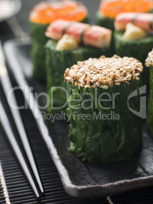 Rolled Spinach Three Ways-Snow Crab Toasted Sesame Seeds and salmon Roe