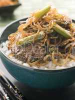 Sweet Soy Beef Fillet With Shirakaki Noodles on Rice with Shichimi Togarashi Pepper