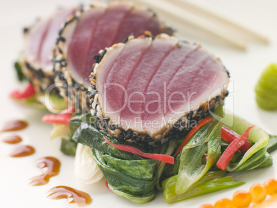 Seared Yellow Fin Tuna with Sesame Seeds Sweet Fried pac Choi and Salmon Roe