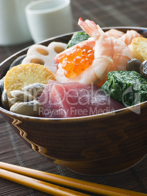 Sushi Rice Bowl with Tuna Salmon Prawn Tofu and Vegetables
