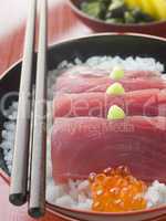Sashimi of Yellow Fin Tuna on Rice with Salmon Roe Pickles and Wasabi