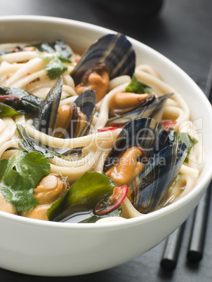 Mussels and Udon Noodles in Chili Soy Broth