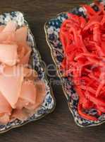 Dishes of Red Pickled Ginger and Sushi Ginger