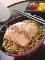 Sesame Crusted Salmon Fried Noodles and Pickles
