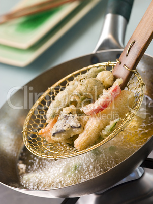 Cooking Tempura Of Vegetables in a Wok