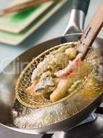 Cooking Tempura Of Vegetables in a Wok