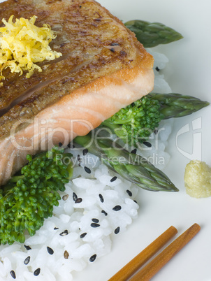 Citrus Salmon Fillet on Rice Steamed Vegetables with Sesame and Wasabi