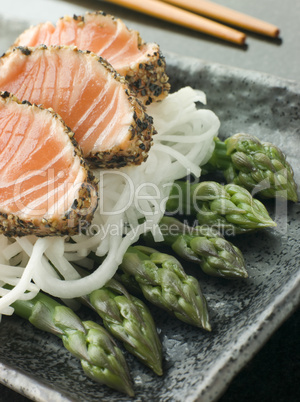 Seared Salmon Sashimi Black Pepper with a Mouli and Asparagus Salad