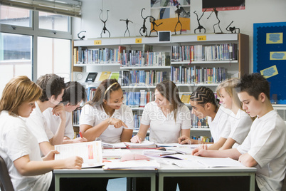 Schoolchildren studying in school library