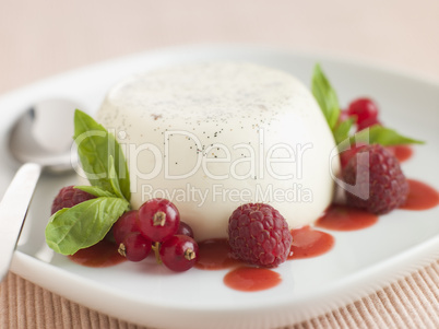 Vanilla Panna cotta with Raspberries Redcurrants and Coulis