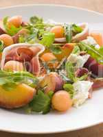 Platter of Cantaloupe Melon Parma Ham Mozzarella Cheese and Peac