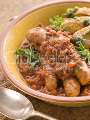 Sausage and Lentil Stew with Pesto Roasted Potatoes