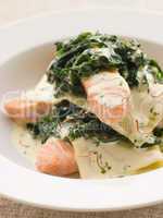 Open Lasagne of Salmon and Spinach with a Saffron Cream