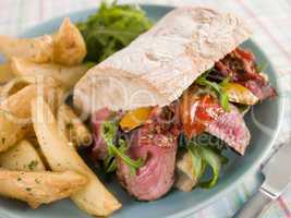 Steak and Roasted Pepper Ciabatta Sandwich with Spiced Potato We