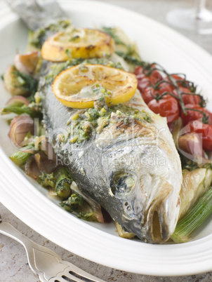 Whole Roasted Sea Bass with Fennel Lemon Cherry Vine Tomatoes an