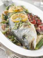 Whole Roasted Sea Bass with Fennel Lemon Cherry Vine Tomatoes an