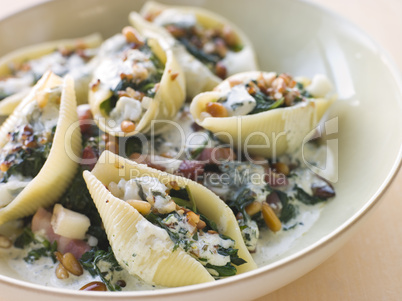 Conchiglioni pasta shells with Spinach Pancetta Pine Nuts and Go