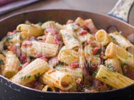 Pan of Rigatoni Pasta with Tomato and Pancetta Sauce