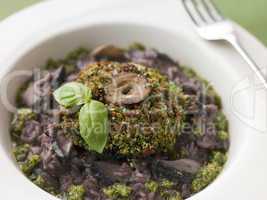 Herb Crusted Portabello Mushroom with Red Wine Risotto and Pesto