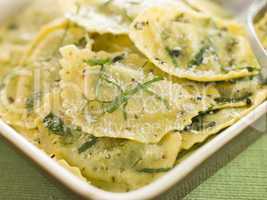 Dish of Spinach and Ricotta Ravioli and Sage Butter