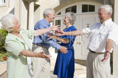 Senior couple greeting friends