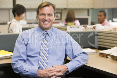 Businessman in cubicle smiling