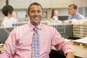 Businessman in cubicle smiling