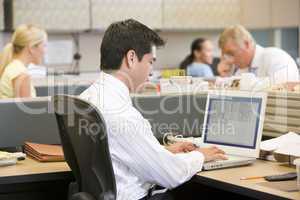 Businessman in cubicle using laptop