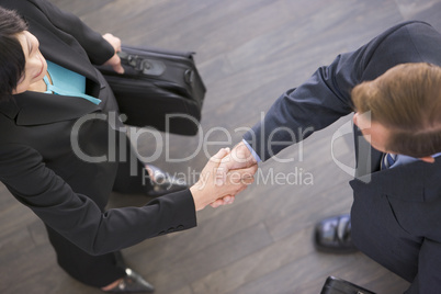 Two businesspeople standing indoors shaking hands