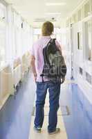 Rear view of male college student standing in university corrido