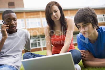 College students using laptop on campus lawn