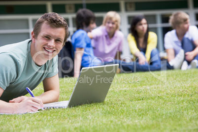 Young man using laptop on campus lawn, with other students relax