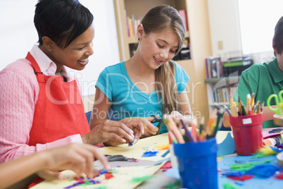 Elementary pupil in art class