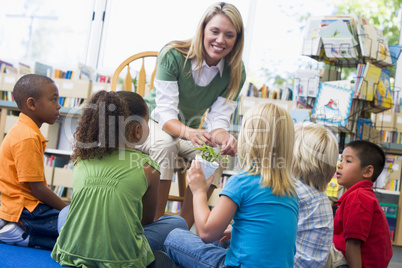 Kindergarten teacher and children looking at seedling in library