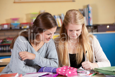 Two schoolgirls in class