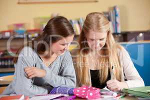 Two schoolgirls in class