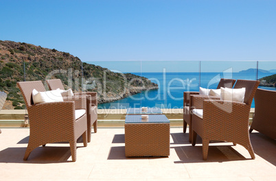 Sea view relaxation area of luxury hotel, Crete, Greece