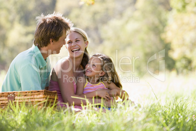 Family at park having a picnic and laughing