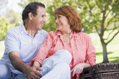 Couple at a picnic holding hands and smiling