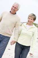 Couple at the beach holding hands and smiling