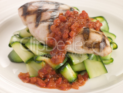 Chargrilled Chicken Breast with Courgette Ribbons and Tomato Con
