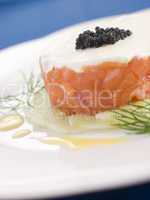 Tartare of Wild Salmon Creme Fraiche Cucumber Caviar and Lemon O