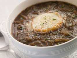 Bowl of French Onion Soup with a Goats Cheese Crouton
