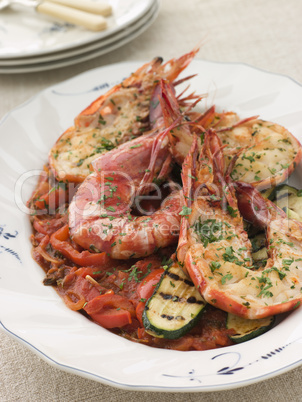 Grilled Tiger Prawns on Piperade with Grilled Courgettes