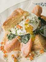 Seared Salmon Spinach and a Poached Egg in a Vol au Vent Case wi