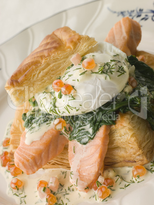Seared Salmon Spinach and a Poached Egg in a Vol-au-Vent Case wi