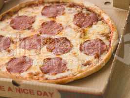 Pepperoni Pizza in a Take Away Box