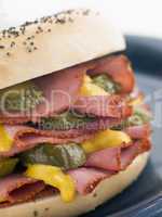 Poppy Seed Bagel with Pastrami Mustard and Gherkins
