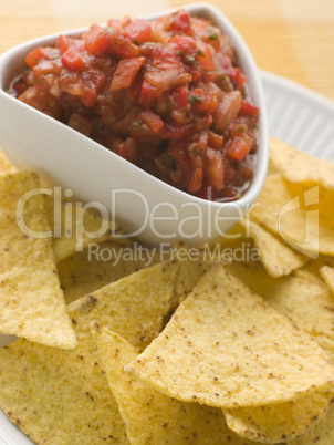 Pot Of Tomato Salsa with Tortilla Chips